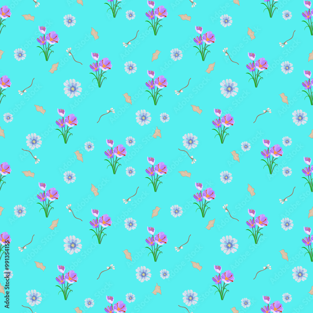 Fototapeta premium Flower background seamless pattern on blue background. Use for package gift, notebook