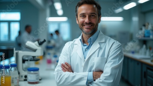 A confident male scientist stands with folded arms in a bright laboratory, surrounded by modern scientific equipment, exuding knowledge and professionalism as he assesses his workspace.