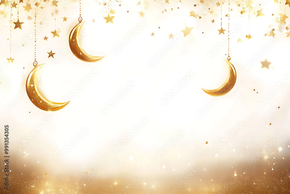 Eid background with crescent moons and stars in gold against a deep blue sky Eid background with crescent moons and stars in gold against a deep blue sky