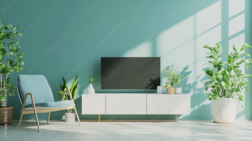 Fototapeta premium Modern living room featuring a blue accent wall, sleek furniture, and vibrant plants, creating a cozy and inviting atmosphere.