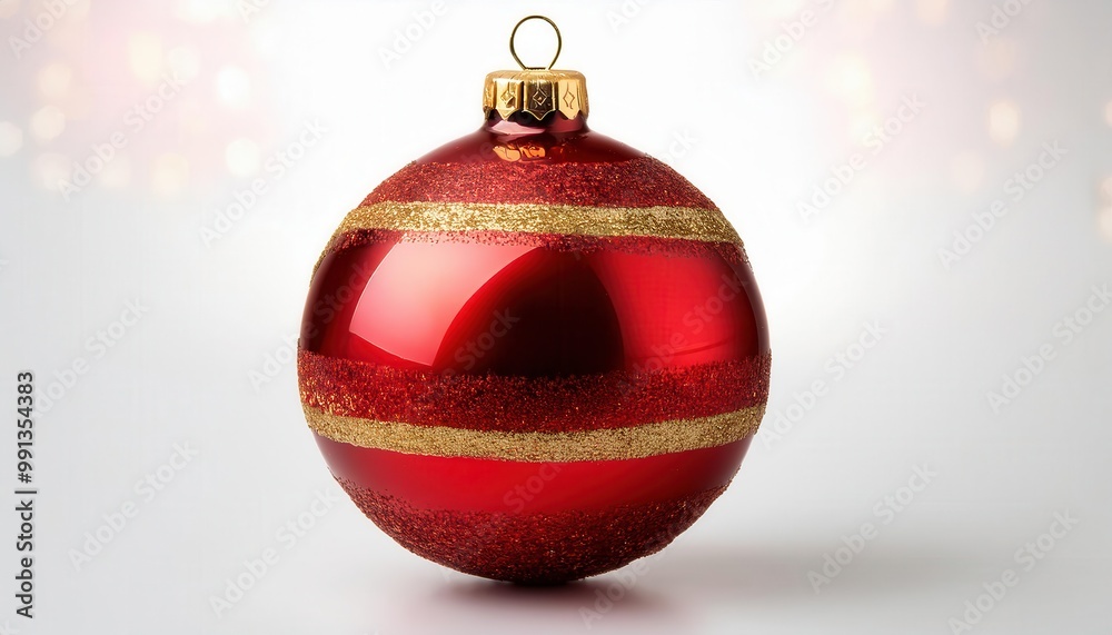 Glossy Red Christmas Ornament with Gold Glitter Band and Golden Cap, Capturing the Festive Holiday Spirit on a Soft Neutral Background Glossy Red Christmas Ornament with Gold Glitter Band and Golden Cap, Capturing the Festive Holiday Spirit on a Soft Neutral Background