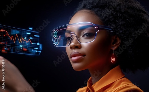 Visionary Innovation: A confident woman wearing futuristic smart glasses interacts with holographic data, showcasing the potential of advanced technology to transform the way we work, learn. photo