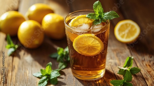 A glass of iced tea with fresh lemon slices and mint leaves, condensation on the glass, surrounded by whole lemons and mint sprigs, set on a wooden table.