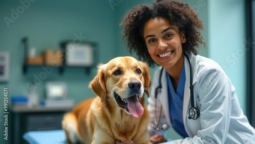 A veterinarian in scrubs is smiling at the camera while posing with a happy golden retriever. The setting is a well-lit veterinary clinic, showcasing a friendly atmosphere during a routine health chec photo