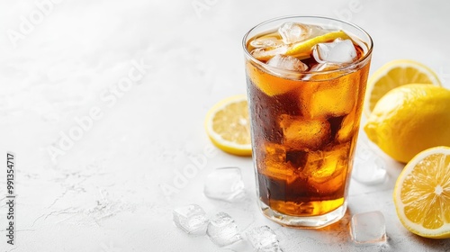 A glass of iced tea with ice cubes and lemon slices, placed on the left side of a white surface, leaving the right side empty for text or branding.