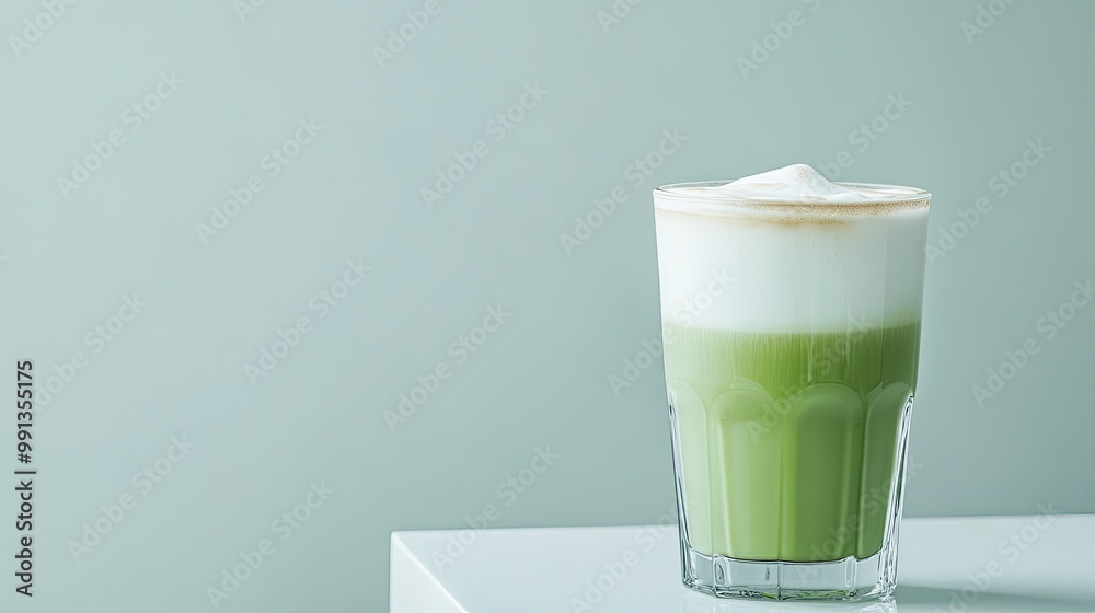 A glass of matcha latte with foam art, positioned on the right side of a white table, leaving the left side open for promotional content. A glass of matcha latte with foam art, positioned on the right side of a white table, leaving the left side open for promotional content.