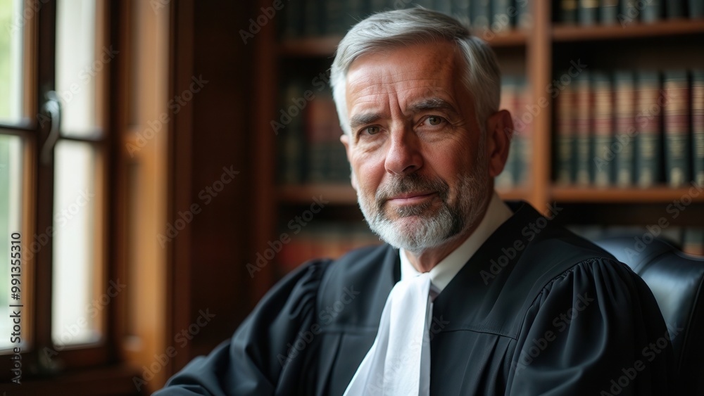 An authoritative judge sits in a library, wearing traditional robes that symbolize justice and wisdom, within a backdrop of legal books, emphasizing leadership and integrity.