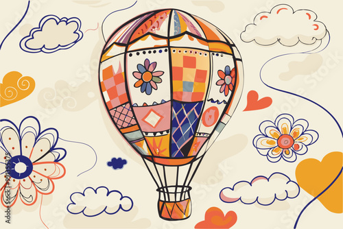 Colorful Hot Air Balloon Adventure in Whimsical Skies Illustration