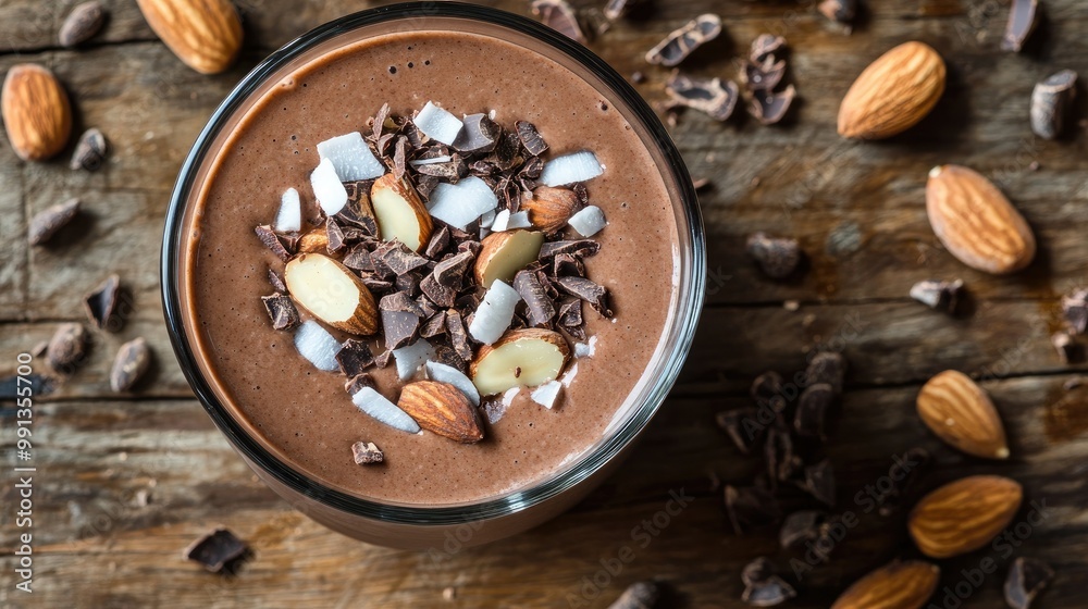 Fototapeta premium A creamy chocolate smoothie topped with cacao nibs, coconut flakes, and almonds, placed on a rustic wooden table with scattered cocoa beans.