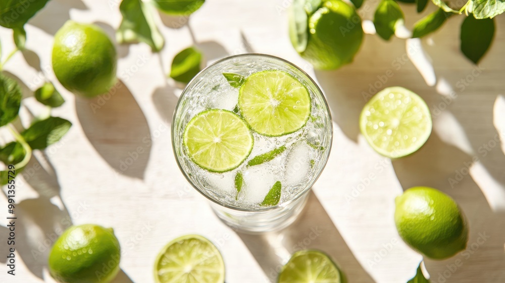 A glass of sparkling water with ice and fresh lime slices, bubbles rising to the top, placed on a light wooden table surrounded by sprigs of mint and whole limes. A glass of sparkling water with ice and fresh lime slices, bubbles rising to the top, placed on a light wooden table surrounded by sprigs of mint and whole limes.