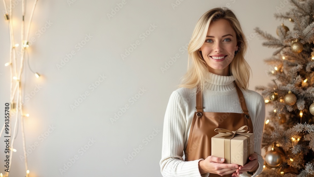 The woman, dressed in a cozy sweater and apron, smiles as she holds a beautifully wrapped gift. Twinkling lights and a decorated Christmas tree create a festive atmosphere in the background, perfect f The woman, dressed in a cozy sweater and apron, smiles as she holds a beautifully wrapped gift. Twinkling lights and a decorated Christmas tree create a festive atmosphere in the background, perfect f