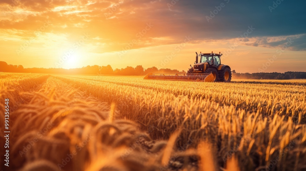 Fototapeta premium Tractor Harvesting Wheat in Golden Sunset
