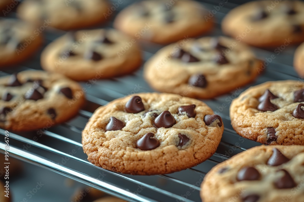 A close-up of freshly baked homemade cookies cooling on a wire rack. Generative AI A close-up of freshly baked homemade cookies cooling on a wire rack. Generative AI