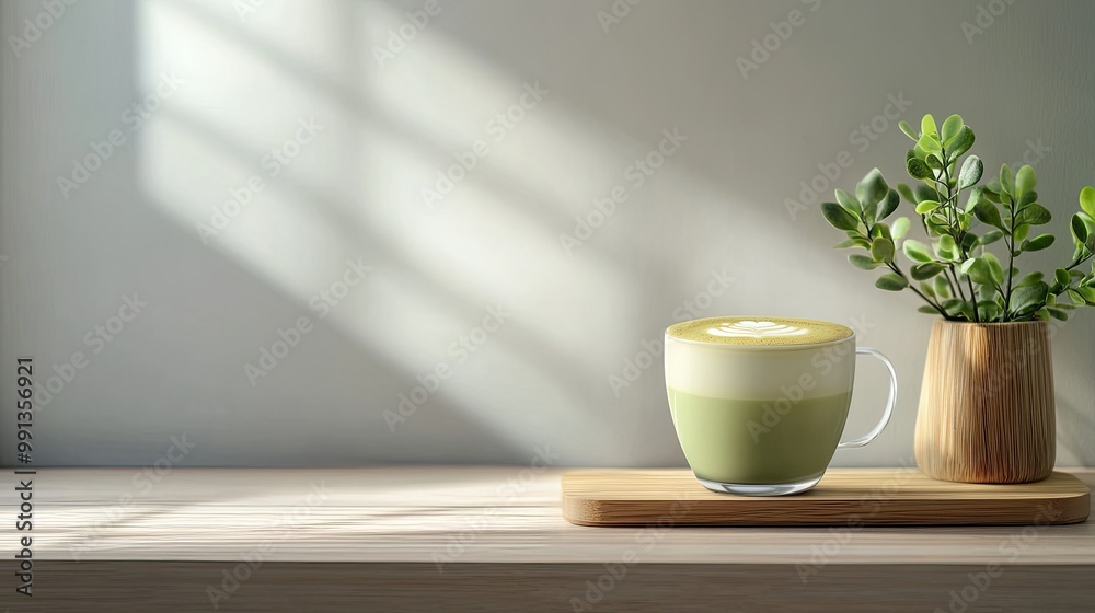 A matcha latte placed on a smooth wooden surface with minimal , leaving room on the right side for branding or text. A matcha latte placed on a smooth wooden surface with minimal , leaving room on the right side for branding or text.