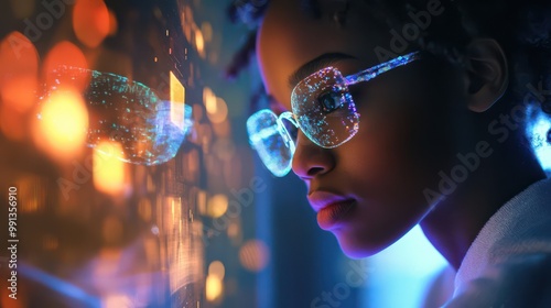 Wallpaper Mural Young Woman with Glasses Engaged in Technology Torontodigital.ca