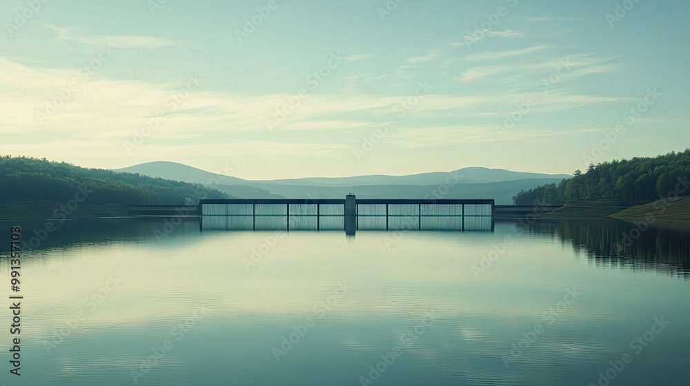 A dam structure in the distance with a serene lake stretching in front. Open sky and calm water surface offer great copy space. A dam structure in the distance with a serene lake stretching in front. Open sky and calm water surface offer great copy space.