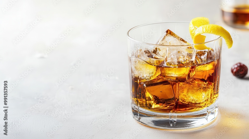 Splash of whiskey from a glass with ice cubes and lemon twist in mid-air whiskey splash, sophistication Splash of whiskey from a glass with ice cubes and lemon twist in mid-air whiskey splash, sophistication