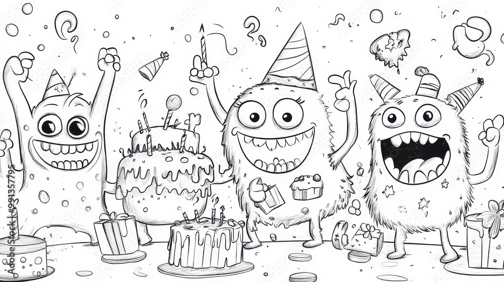 Three Happy Monsters Celebrating Birthday with Cakes and Gifts Three Happy Monsters Celebrating Birthday with Cakes and Gifts