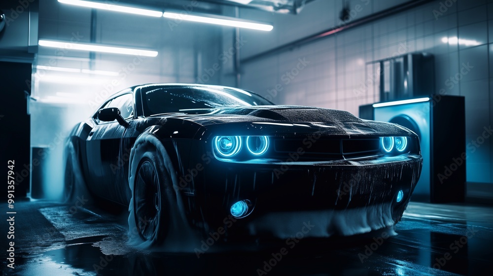 Obraz premium Muscle car on modern car wash. Generative ai