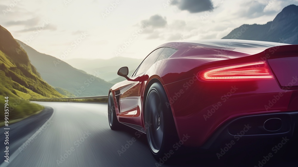 Naklejka premium Luxury Red Sports Car Speeding on Scenic Mountain Road. Generative ai