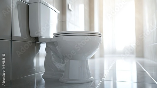 A newly installed white ceramic toilet bowl in a showroom setting, paired with matching fixtures and clean, bright lighting to showcase its design.