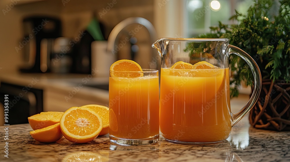 A pitcher of orange juice with two glasses, garnished with orange slices, placed on a kitchen countertop with greenery in the background. A pitcher of orange juice with two glasses, garnished with orange slices, placed on a kitchen countertop with greenery in the background.