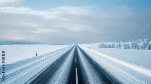 Endless highway stretching across snow-covered scenery, winter journey snowy exploration