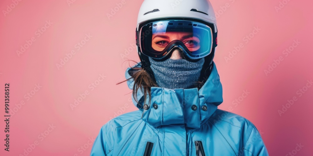 A woman wearing a helmet with ski goggles on, dressed in winter sports attire. She is ready to hit the slopes for an exhilarating mountain adventure. A woman wearing a helmet with ski goggles on, dressed in winter sports attire. She is ready to hit the slopes for an exhilarating mountain adventure.