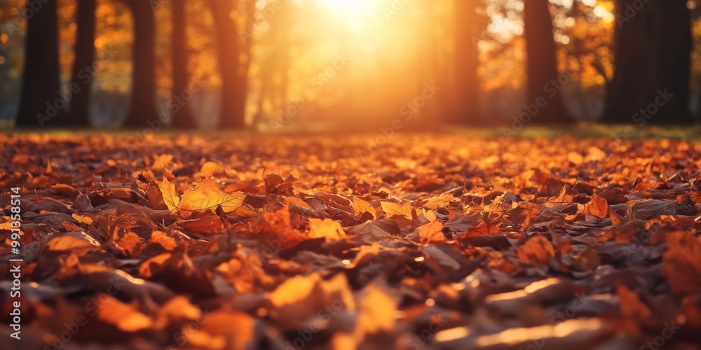 autumn leaves in the park with bokeh and warm sunlight wallpapers background. Generative ai