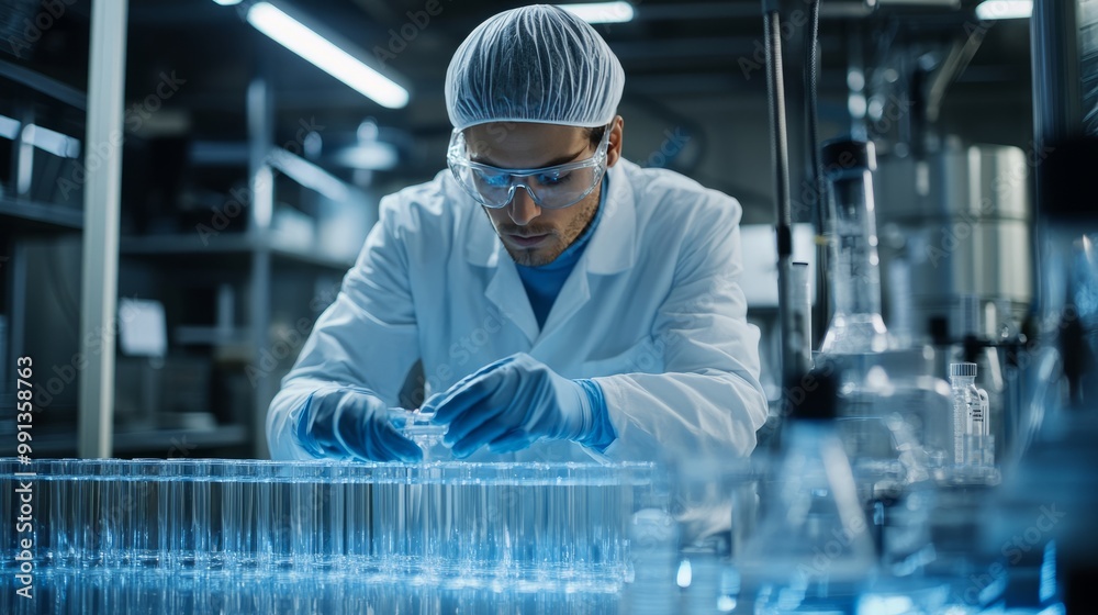 A scientist in a lab coat meticulously works with test tubes and glassware in a laboratory setting. A scientist in a lab coat meticulously works with test tubes and glassware in a laboratory setting.