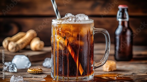 A root beer in a tall glass mug, garnished with a striped straw, surrounded by caramel-colored syrup drips, ice cubes, and a bottle cap on a wooden table. photo