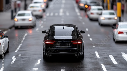 Black Car Driving Down a Busy City Street