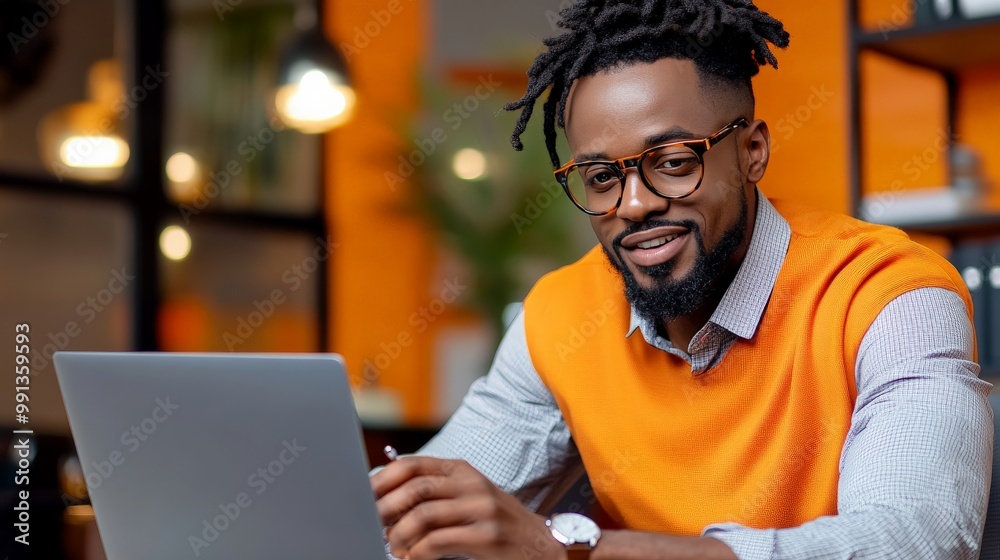 Focused and Inspired: A young African American man with dreadlocks and a confident smile looks intently at his laptop, radiating a sense of determination and focus. Focused and Inspired: A young African American man with dreadlocks and a confident smile looks intently at his laptop, radiating a sense of determination and focus.