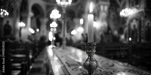 Candle burning in a church, illuminating the space with a warm glow.