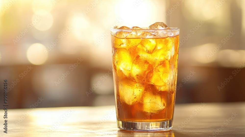 A single glass of iced tea in focus, with a soft, blurred background, leaving plenty of room on the top left for text, against a neutral backdrop. A single glass of iced tea in focus, with a soft, blurred background, leaving plenty of room on the top left for text, against a neutral backdrop.