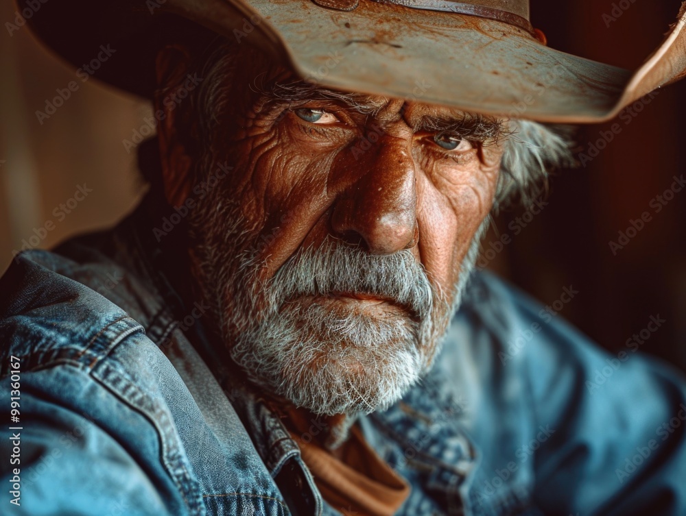 The image shows an elderly man with a weathered appearance, wearing traditional western attire. His expression is contemplative and somewhat somber. The image shows an elderly man with a weathered appearance, wearing traditional western attire. His expression is contemplative and somewhat somber.