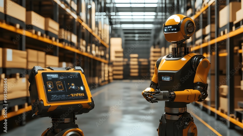 AI-powered robots providing logistics support in a futuristic warehouse