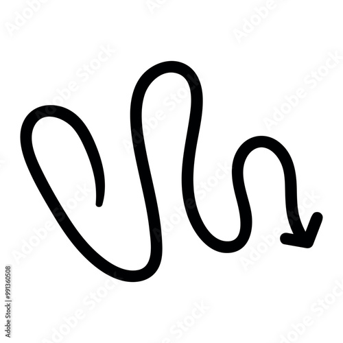 Single hand draw black and white wave down arrow in doodle style isolated on white background. Vector flat illustration sketch design element.Icon in spiral shape.