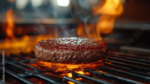 A sizzling hamburger patty cooking on a grill, surrounded by flames and smoke.