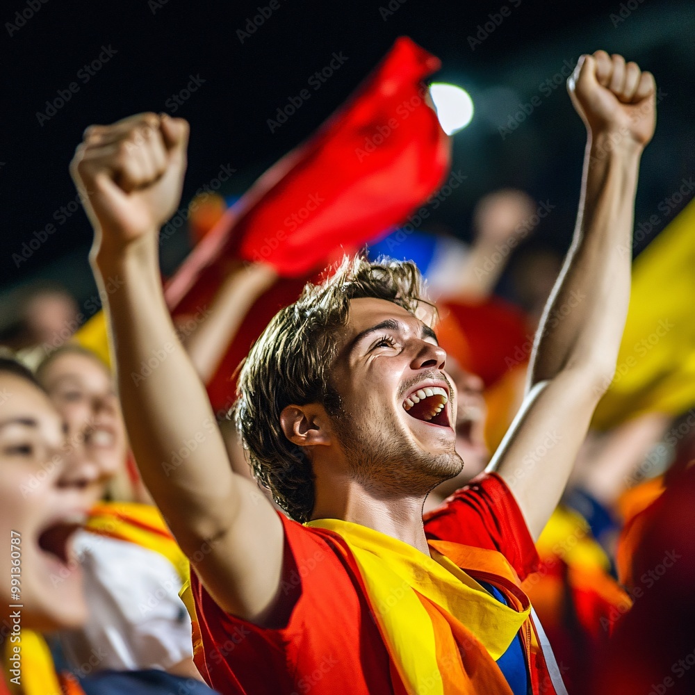 Excited Soccer Fans Cheering in Stands with Flags and Team Colors at Stadium Excited Soccer Fans Cheering in Stands with Flags and Team Colors at Stadium