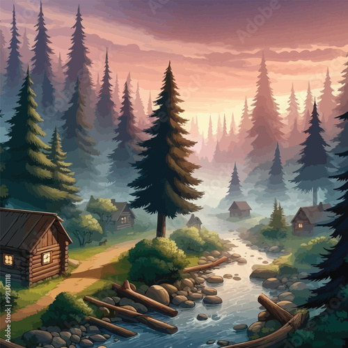 Misty forest at dawn illustration