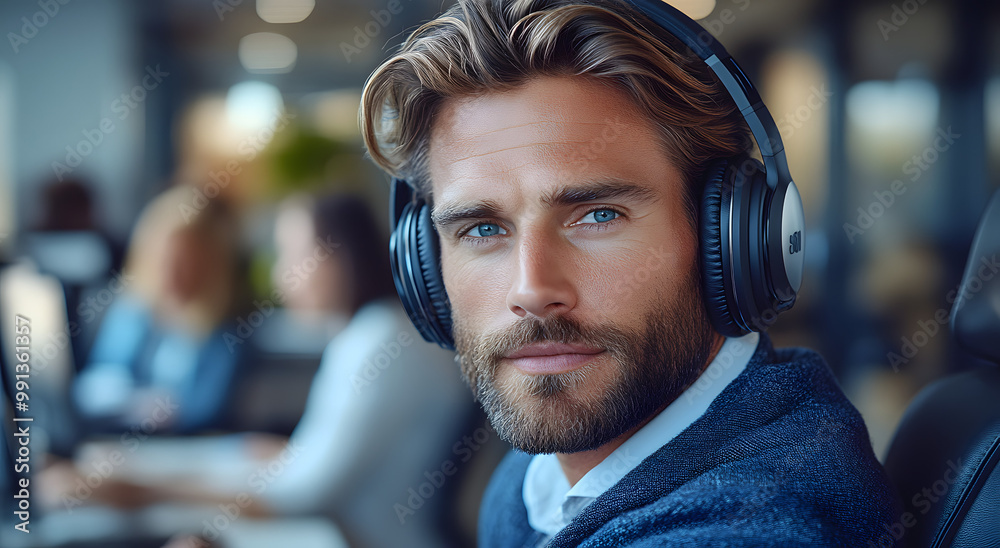 A Handsome Man in His Thirties Wearing Headphones, Engaged in Work at a Modern Office Desk, Reflecting Focus, Professionalism, and the Trend of Remote Collaboration in Today’s Work Environment
A Handsome Man in His Thirties Wearing Headphones, Engaged in Work at a Modern Office Desk, Reflecting Focus, Professionalism, and the Trend of Remote Collaboration in Today’s Work Environment