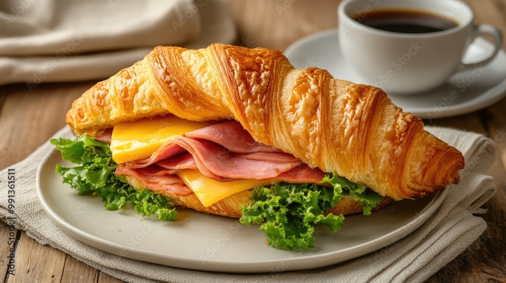 A delicious croissant sandwich with ham, cheese, and a touch of mustard, served on a wooden table with a cup of coffee.