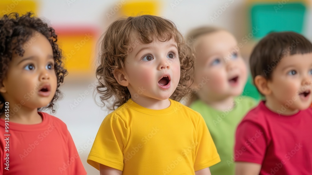 Toddlers singing along with a caregiver during circle time in a daycare classroom sing-along, musical learning Toddlers singing along with a caregiver during circle time in a daycare classroom sing-along, musical learning