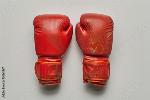 Pair of red, dirty boxing gloves showing signs of use and age.