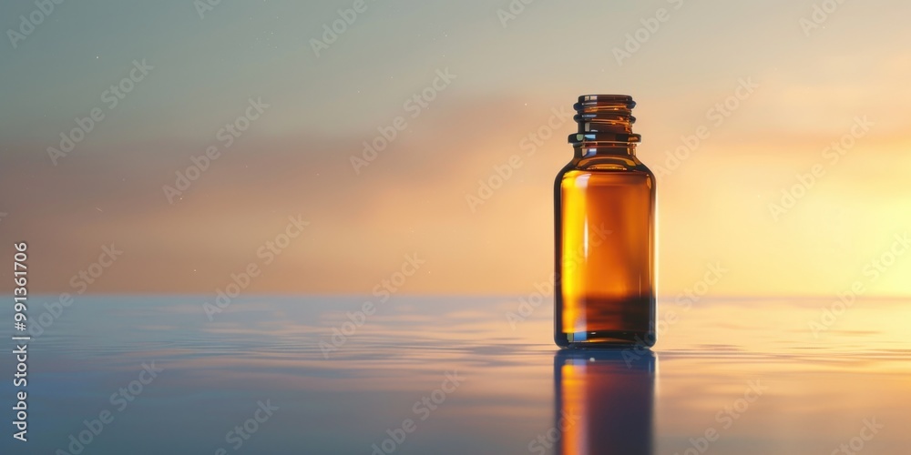 Close-up of a bottle with dropper, floating on water during sunset. Symbolizes natural remedies and wellness. Close-up of a bottle with dropper, floating on water during sunset. Symbolizes natural remedies and wellness.