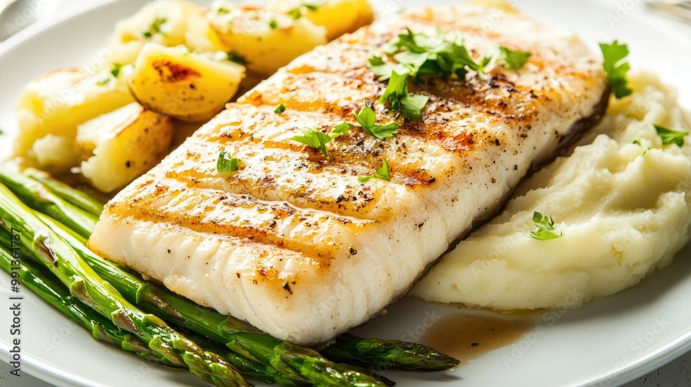 A delicious grilled fish dish with a side of garlic mashed potatoes and steamed asparagus, displayed on a clean white plate. A delicious grilled fish dish with a side of garlic mashed potatoes and steamed asparagus, displayed on a clean white plate.