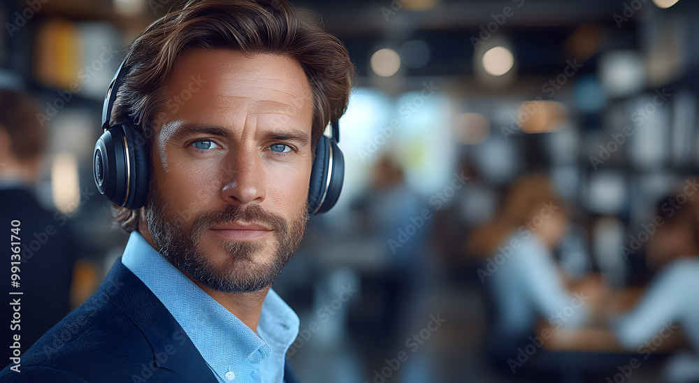 A Handsome Man in His Thirties Wearing Headphones, Engaged in Work at a Modern Office Desk, Reflecting Focus, Professionalism, and the Trend of Remote Collaboration in Today’s Work Environment
