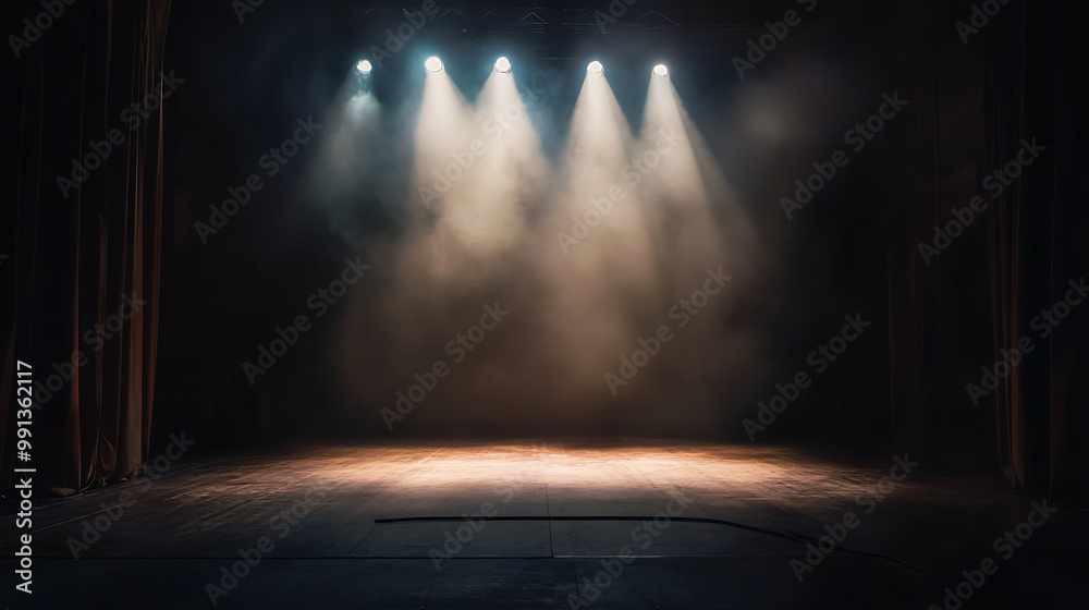 Obraz premium Spotlight on an empty stage with a dark, atmospheric background, highlighting the anticipation of a performance