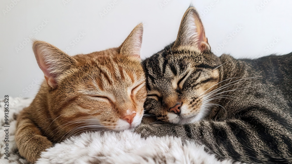 Fototapeta premium Two cats cuddled together on a fluffy blanket, enjoying a quiet nap cats napping, home comfort